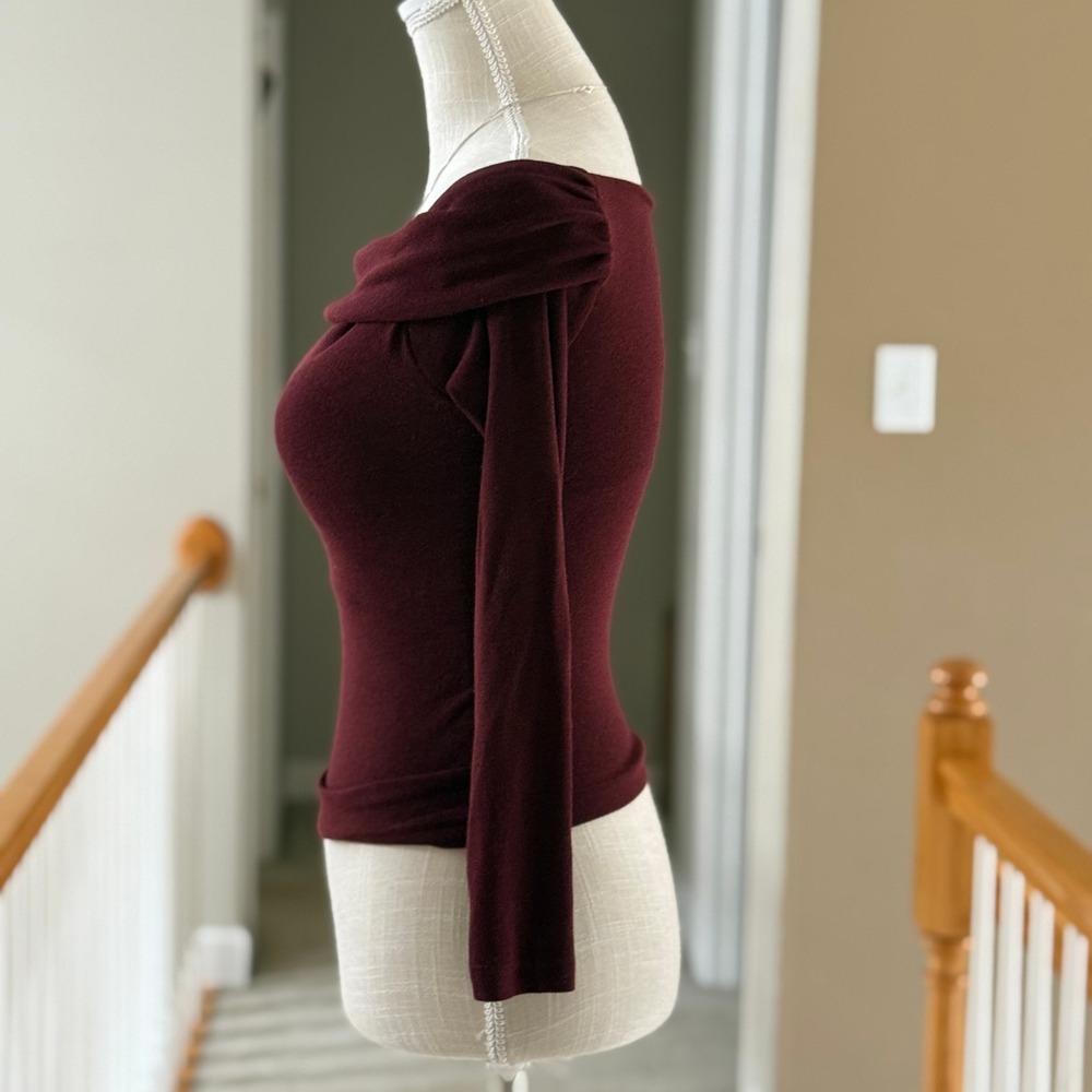 OGL Womens Off Shoulder Long Sleeve Brami Top Built-In Bra Burgundy Wine XS - Picture 4 of 10